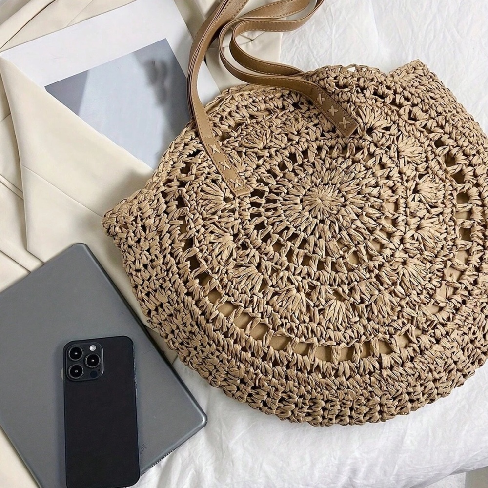 Oversized Straw Circular Lined Tote Shoulder top Handle Beach Bag - Picture 3 of 7